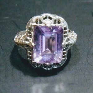Deco 14k White Gold Large Amethyst 4 grams Sz 4.75